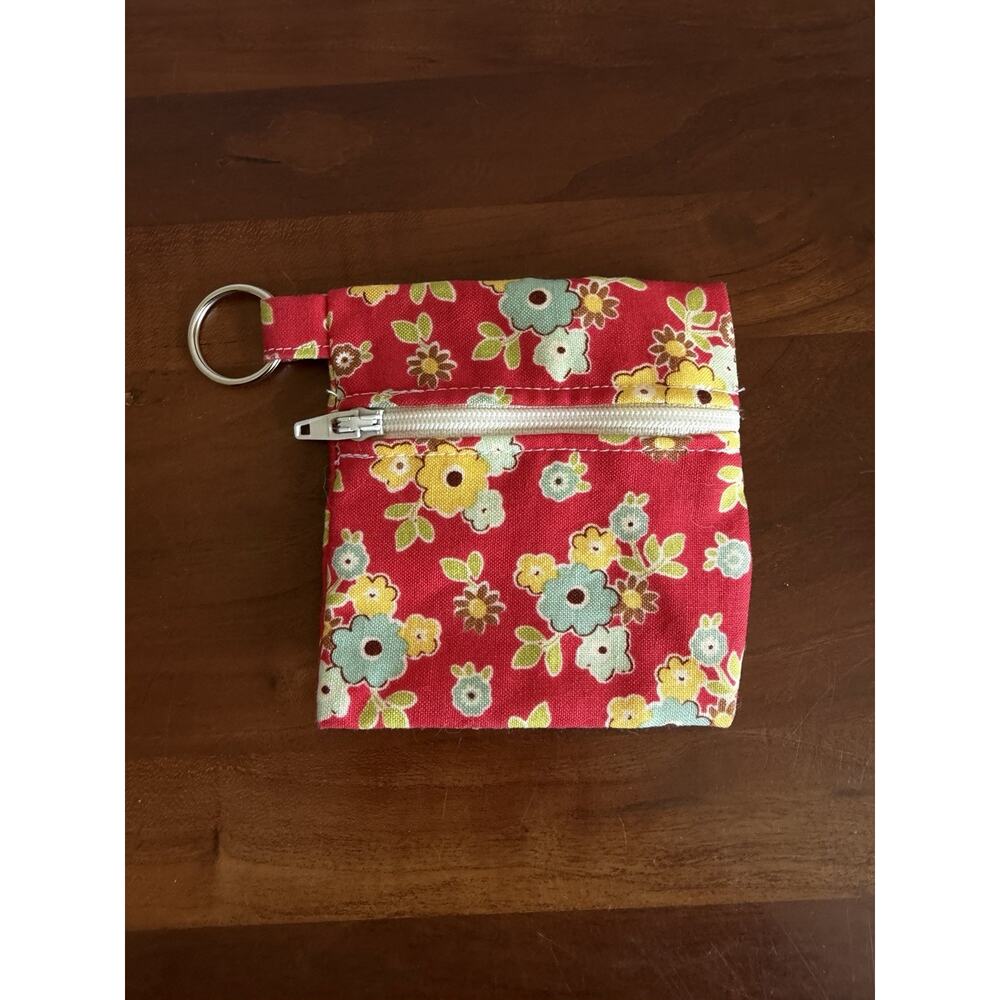 Handmade Red Yellow Blue Floral Coin Pouch with Keychain Clip Zip Closure